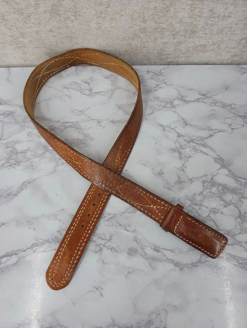 Vintage Men's Leather Belt with Contrast Stitching and Leather Buckle WORN